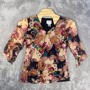 Vision Apparel 1X Floral Paisley V Neck 3/4 Sleeve Lined Blouse Top Witchy